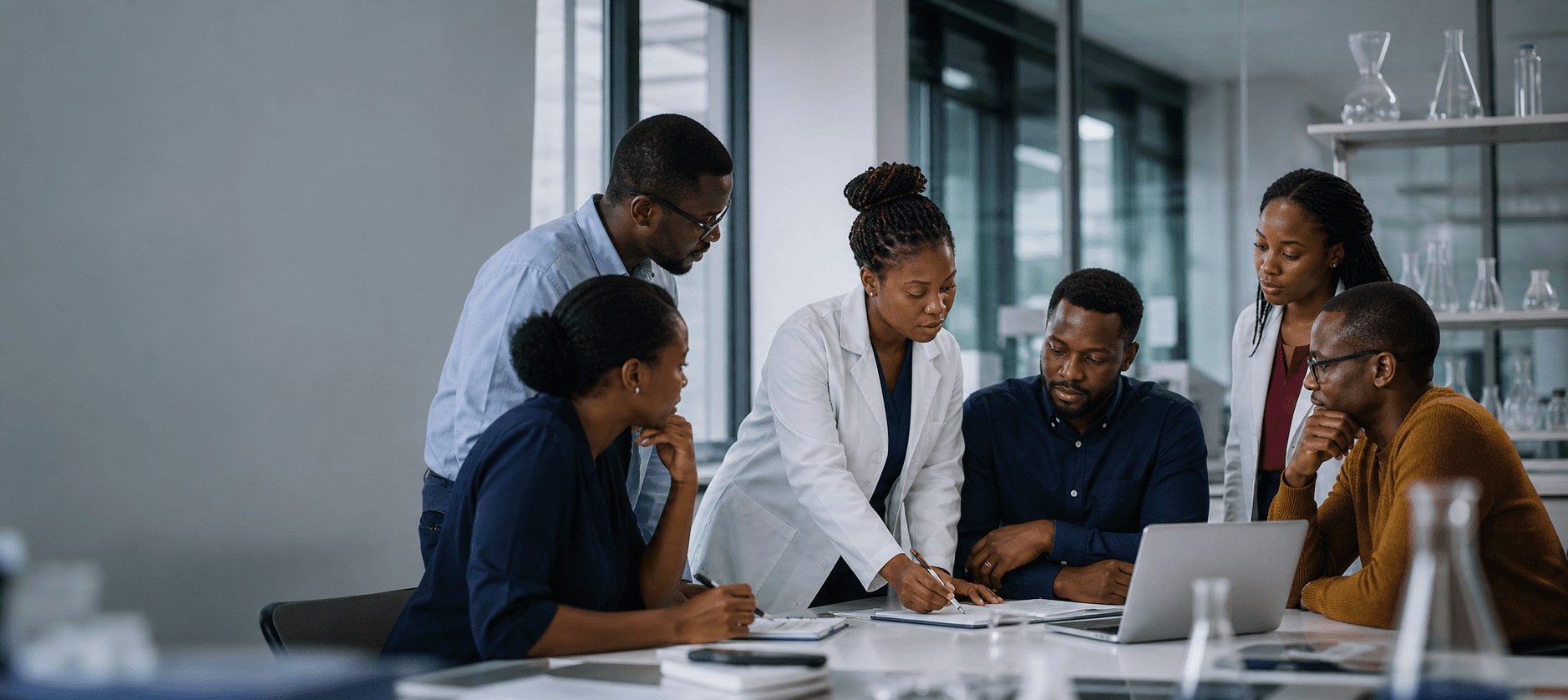CREATES research professionals collaborating around a worktable